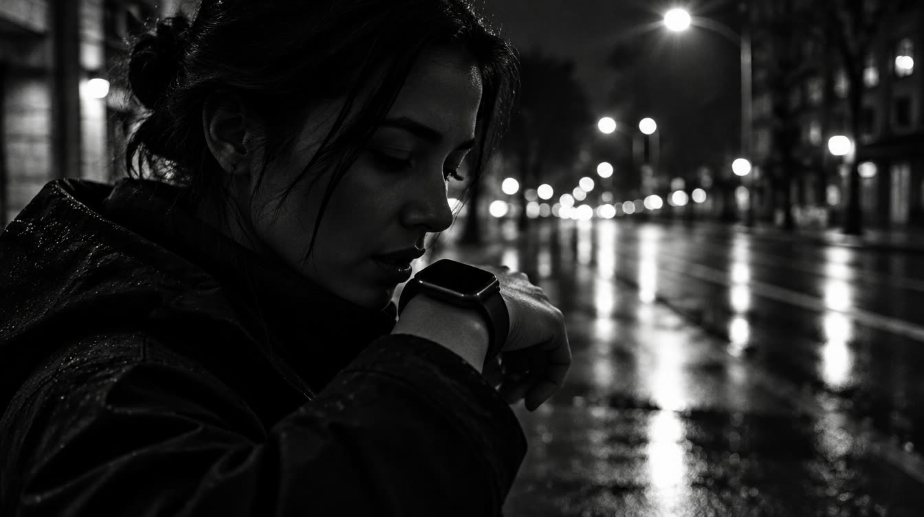 A woman speaks into her watch on a rainy street at night