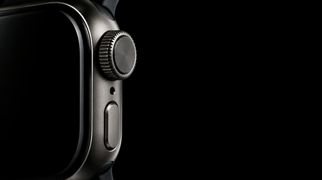 Macro of a titanium watch crown in the dark
