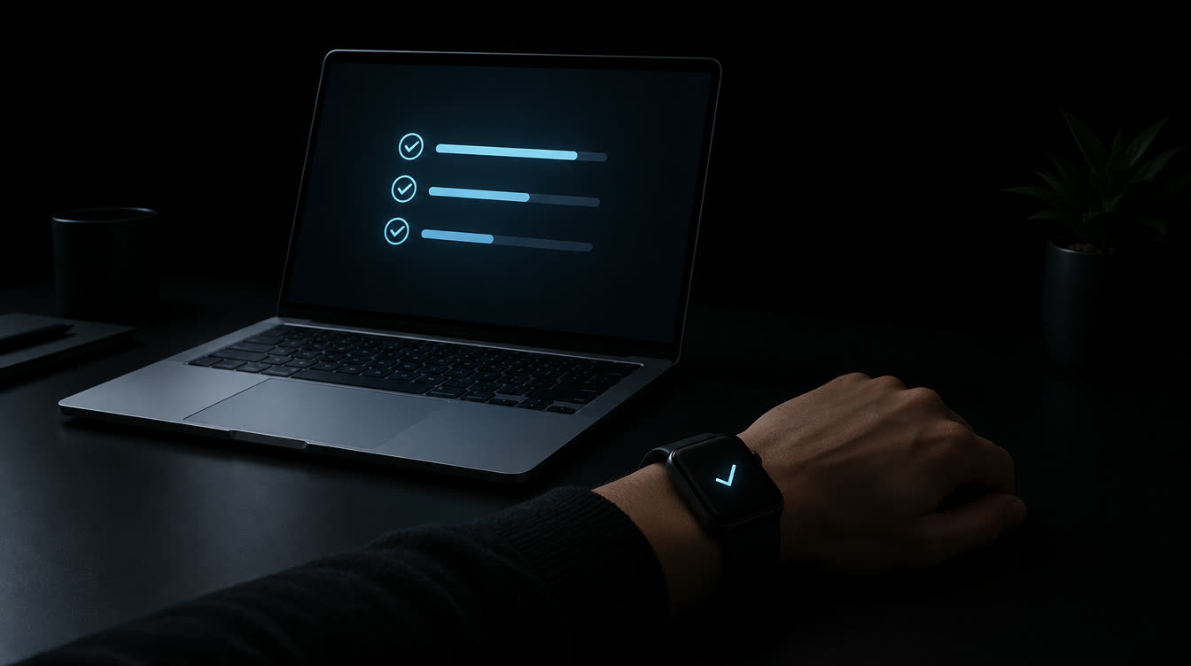 A laptop checklist completes while the wearer's watch shows a check mark
