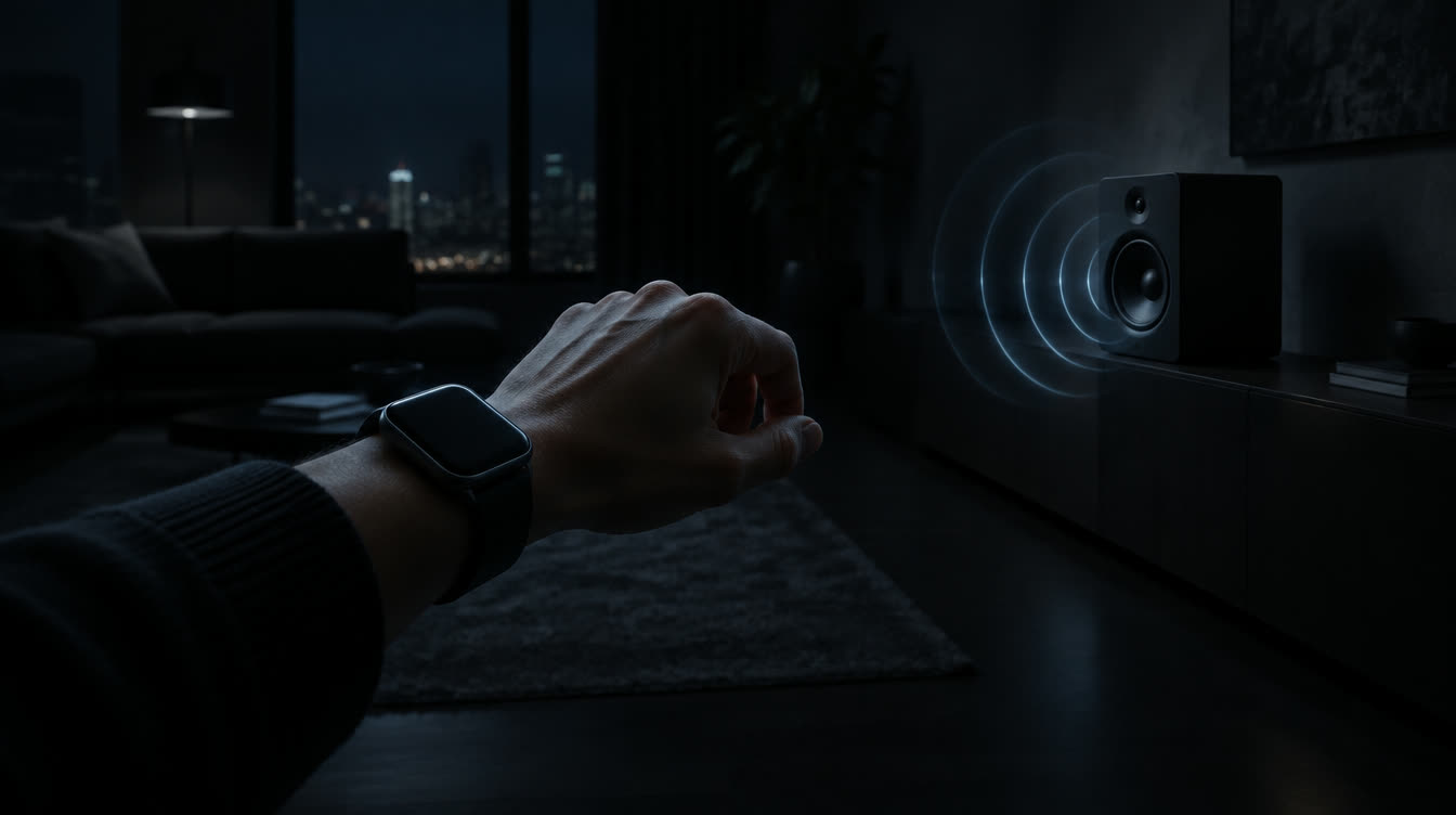 A wrist twists in a dark living room as sound rings rise from a speaker